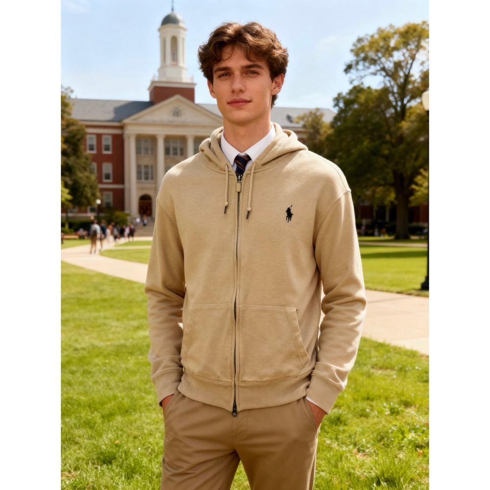 Polo Ralph Lauren Mens XL Tan Cotton Full Zip Hoodie Green Pony Logo Sweatshirt